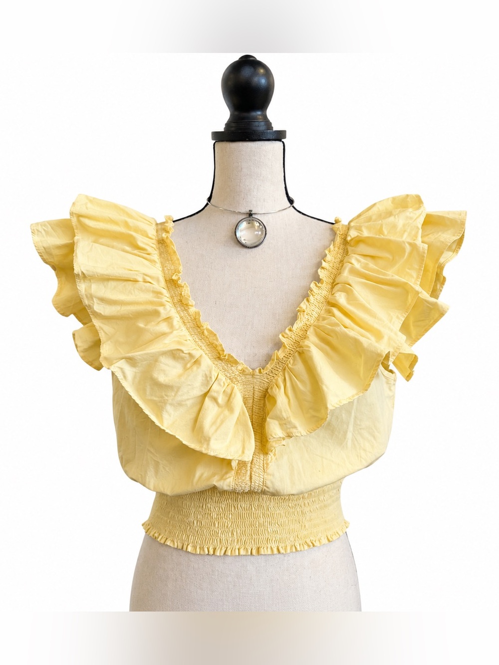 Yargici Smocked Crop Top Butter Yellow Coquette Ruffle V-Neck Milkmaid Medium
